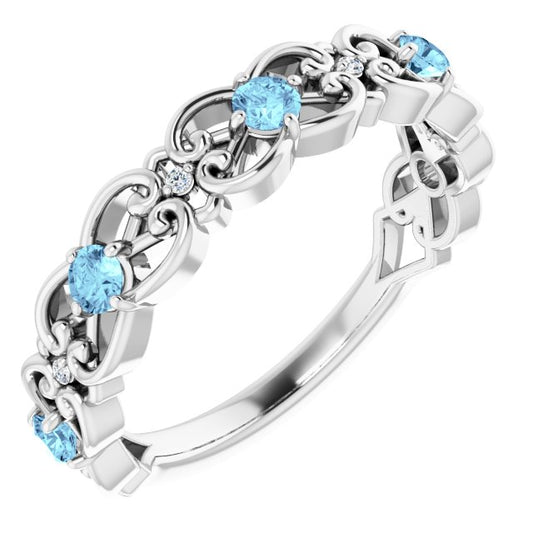 14K White Gold Round 2.5 Mm Polished Natural Aquamarine And .02 Ctw Natural Diamond Ring, Size 7