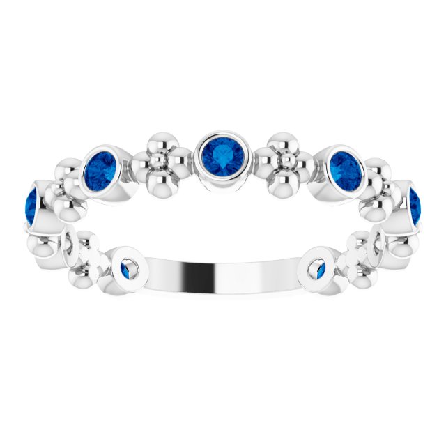 14K White Gold Round 2 Mm Polished Lab-Grown Blue Sapphire Beaded Ring, Size 7