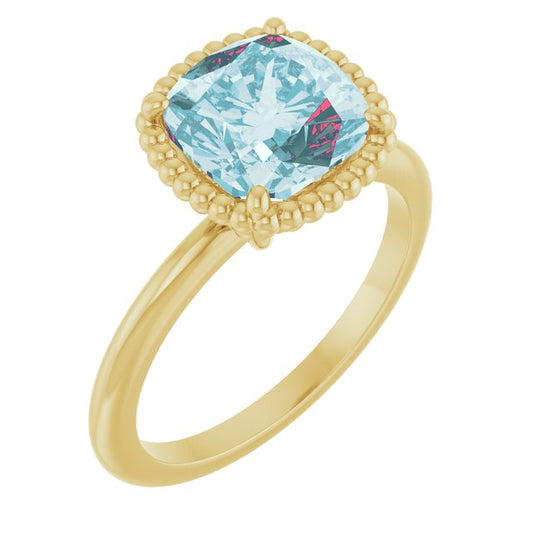 14K Yellow Gold Cushion 8 X 8 Mm Polished Natural Sky Blue Topaz Ring, Size 7