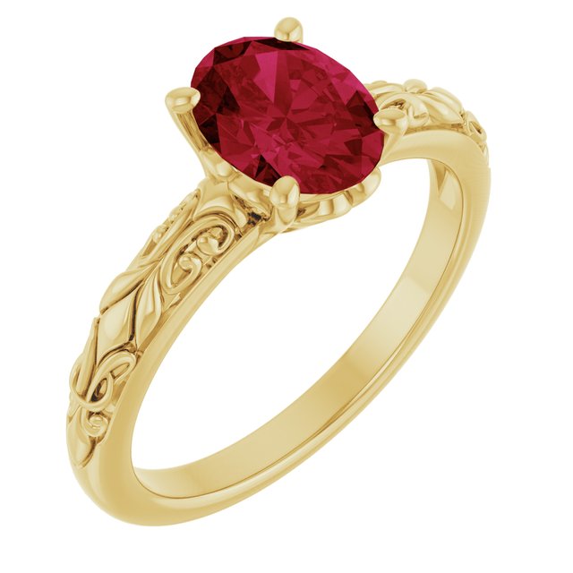 14K Yellow Gold Oval 8 X 6 Mm Polished Lab-Grown Ruby Ring Size 7