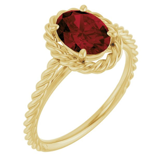 14K Yellow Gold Oval 8 X 6 Mm Polished Natural Mozambique Garnet Rope Ring, Size 7