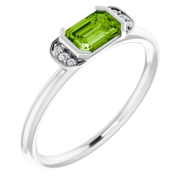 14K White Gold Emerald 6 X 4 Mm Polished Natural Peridot And .02 Ctw Natural Diamond Stackable Ring, Size 7