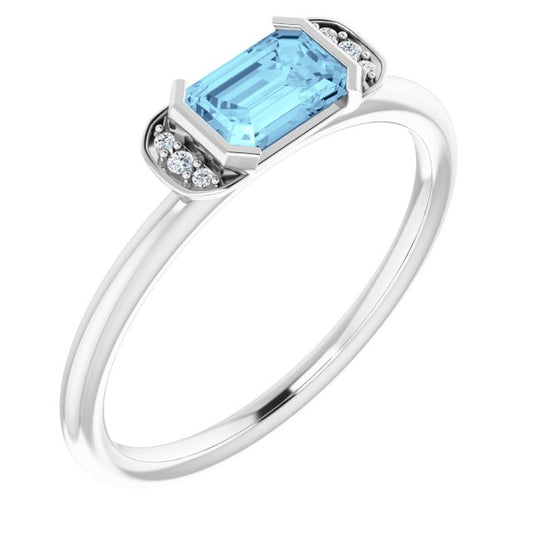 14K White Gold Emerald 6 X 4 Mm Polished Natural Aquamarine And .02 Ctw Natural Diamond Stackable Ring, Size 7