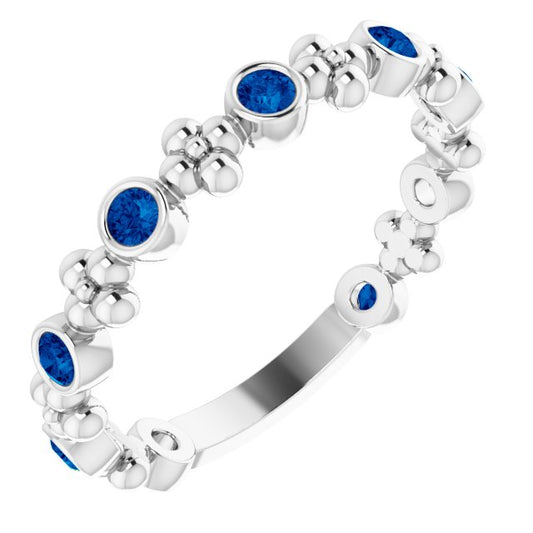 14K White Gold Round 2 Mm Polished Lab-Grown Blue Sapphire Beaded Ring, Size 7