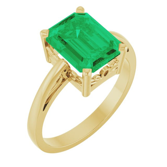 14K Yellow Gold Emerald 9 X 7 Mm Polished Lab-Grown Emerald Scroll Setting Ring, Size 7