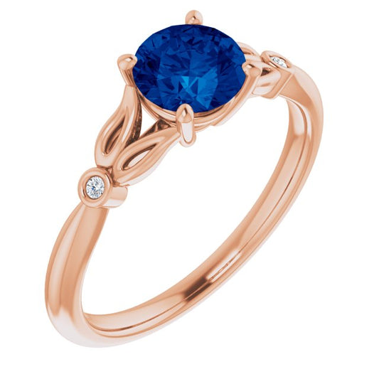 14K Rose Gold Round 6 Mm Polished Lab-Grown Blue Sapphire And .02 Ctw Natural Diamond Ring, Size 7