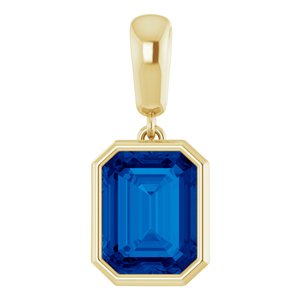 14K Yellow Gold Emerald 9 X 7 Mm Lab-Grown Blue Sapphire Pendant
