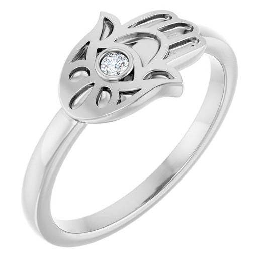 Sterling Silver Round 2 Mm Polished .03 Ct Natural Diamond Hamsa Ring, Size 7