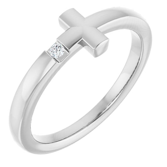 14K White Gold Or Sterling Silver Round Polished Natural Gemstone Sideways Cross Youth Ring, Size 3