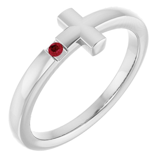 14K White Gold Or Sterling Silver Round Polished Natural Gemstone Sideways Cross Youth Ring, Size 3