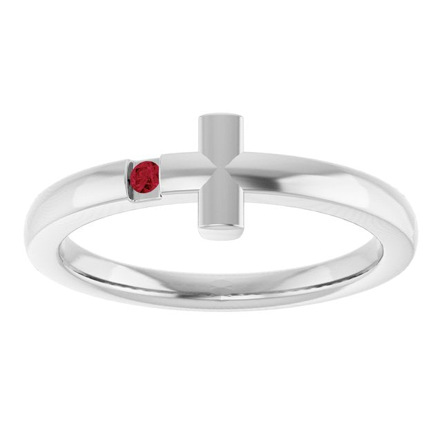 14K White Gold Or Sterling Silver Round Polished Natural Gemstone Sideways Cross Youth Ring, Size 3