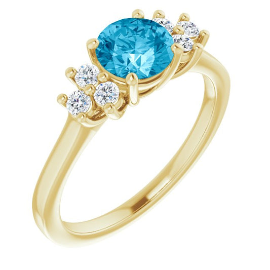 14K Yellow Gold Round 6 Mm Polished Natural Aquamarine  And 1/6 Ctw Lab-Grown Diamond Ring Size 7