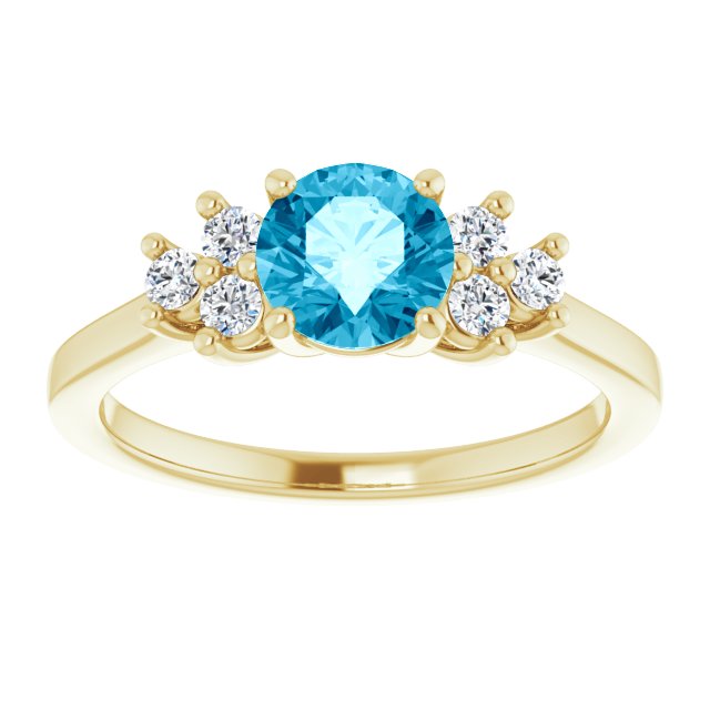 14K Yellow Gold Round 6 Mm Polished Natural Aquamarine  And 1/6 Ctw Lab-Grown Diamond Ring Size 7