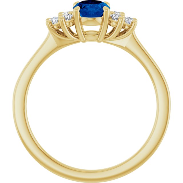 14K Yellow Gold Oval 7 X 5 Mm Polished Natural Blue Sapphire And 1/5 Ctw Natural Diamond Ring Size 7
