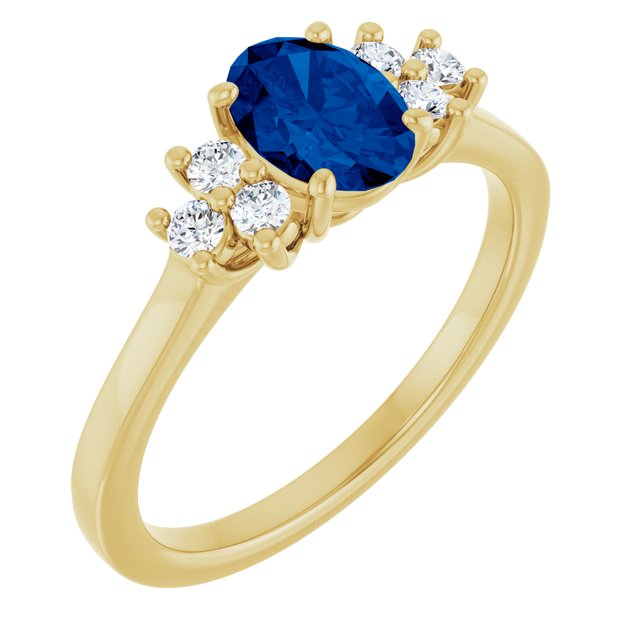 14K Yellow Gold Oval 7 X 5 Mm Polished Natural Blue Sapphire And 1/5 Ctw Natural Diamond Ring Size 7
