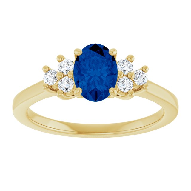 14K Yellow Gold Oval 7 X 5 Mm Polished Natural Blue Sapphire And 1/5 Ctw Natural Diamond Ring Size 7