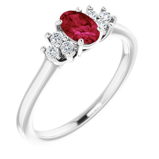 14K White Gold Oval 6 X 4 Mm Polished Natural Ruby And 1/8 Ctw Natural Diamond Ring, Size 7