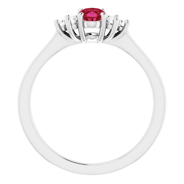 14K White Gold Oval 6 X 4 Mm Polished Natural Ruby And 1/8 Ctw Natural Diamond Ring, Size 7