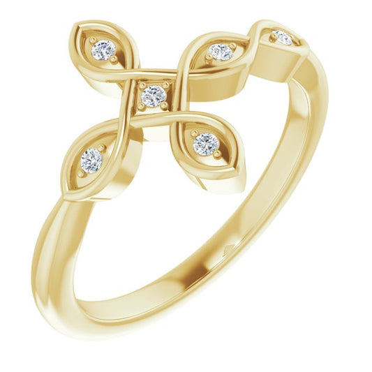 14K Yellow Gold Round 1.3 Mm Polished .05 Ctw Natural Diamond Sideways Cross Ring, Size 7