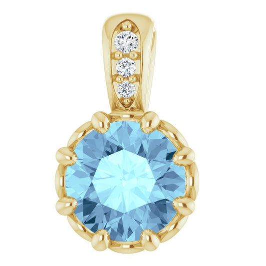 14K Yellow Gold Round  6Mm I1, G-H Polished Natural Aquamarine And .015 Ctw Natural Diamond Pendant