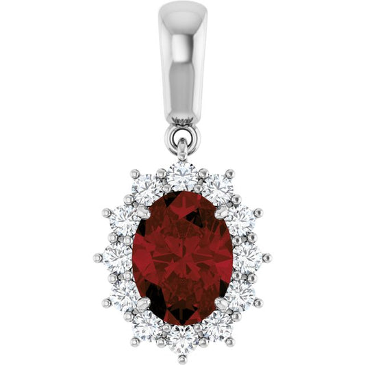 14K White Gold Oval  8 X 6Mm Polished Natural Mozambique Garnet And 1/3 Ctw Natural Diamond Pendant
