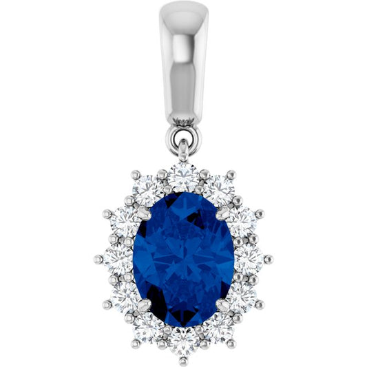 14K White Gold Oval  8 X 6Mm I1, G-H Polished Lab-Grown Blue Sapphire And 1/3 Ctw Natural Diamond Pendant