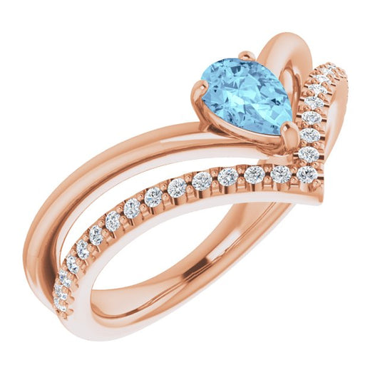 14K Rose Gold Pear 6 X 4 Mm Polished Natural Aquamarine And 1/6 Ctw Natural Diamond Negative Space Ring, Size 7