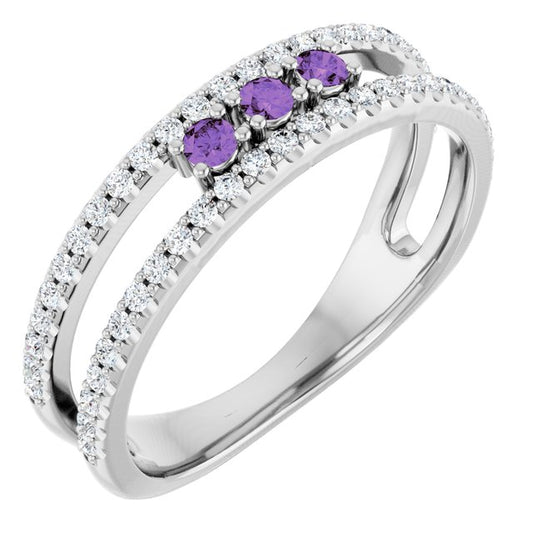 14K White Gold Round 2 Mm Polished Natural Amethyst And 1/4 Ctw Natural Diamond Negative Space Ring, Size 7