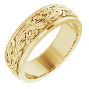 18K Yellow Or White Or Rose Gold Floral Inlay Flat Band