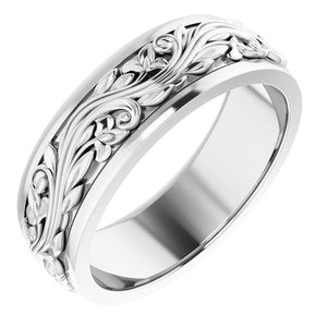 10K X1 White Gold Or Sterling Silver Or Platinum Floral Inlay Flat Band