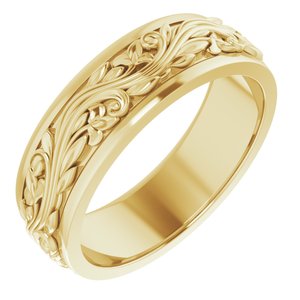 10K Yellow Or White Or Rose Gold Floral Inlay Flat Band