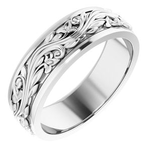14K Yellow Or White Or Rose Gold Floral Inlay Flat Band