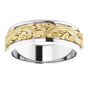 10K Or 14K Or 18K Yellow Or White Gold Or Sterling Silver 7 mm Floral Inlay Flat Band