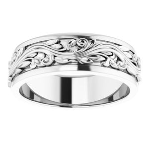 14K Yellow Or White Or Rose Gold Floral Inlay Flat Band
