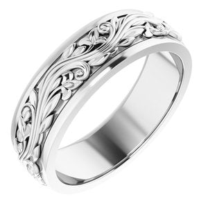 10K X1 White Gold Or Sterling Silver Or Platinum Floral Inlay Flat Band