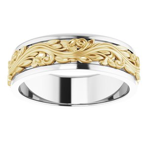 10K Or 14K Or 18K Yellow Or White Gold Or Sterling Silver 7 mm Floral Inlay Flat Band