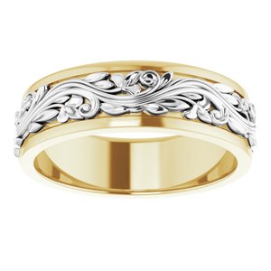 10K Or 14K Or 18K Yellow Or White Gold Or Sterling Silver 7 mm Floral Inlay Flat Band