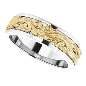 10K Or 14K Or 18K Yellow Or White Gold Or Sterling Silver 7 mm Floral Inlay Flat Band