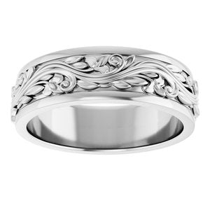 10K X1 White Gold Or Sterling Silver Or Platinum Floral Inlay Flat Band