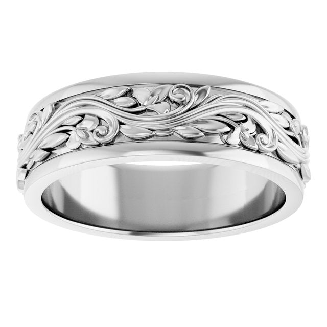 14K Yellow Or White Gold Or Sterling Silver Or Platinum Polished Sculptural Inlay Standard-Fit Flat Band