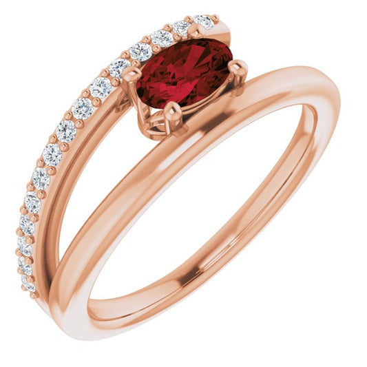 14K Rose Gold Oval 6 X 4 Mm Polished Natural Mozambique Garnet And 1/8 Ctw Natural Diamond Bypass Ring, Size 7