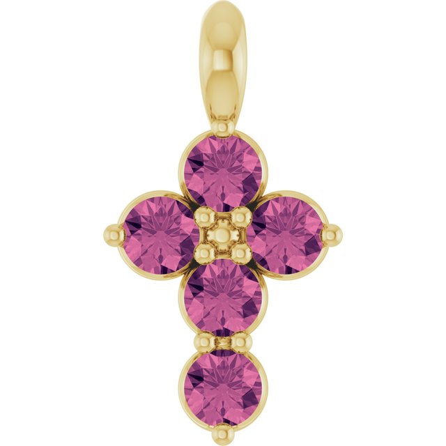 14K Yellow Gold  Round 2 Mm 11.5 X 6.1 Mm Polished Natural Pink Tourmaline Cross Pendant
