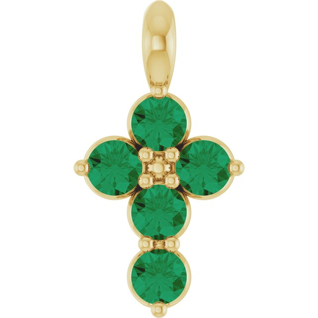 14K Yellow Gold Round 2 Mm 11.5 X 6.1 Mm Polished Natural Emerald Cross Pendant