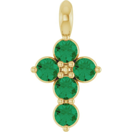14K Yellow Gold Round 2 Mm 11.5 X 6.1 Mm Polished Natural Emerald Cross Pendant
