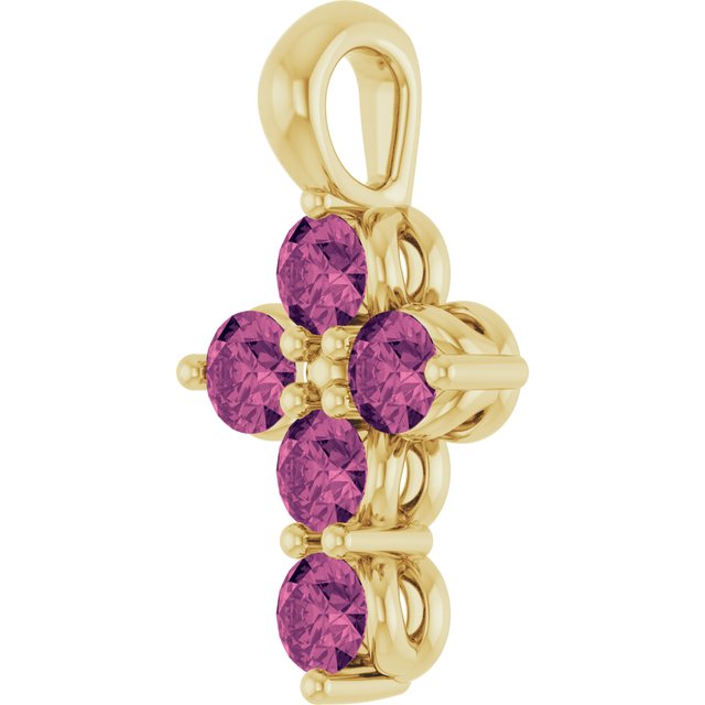 14K Yellow Gold  Round 2 Mm 11.5 X 6.1 Mm Polished Natural Pink Tourmaline Cross Pendant