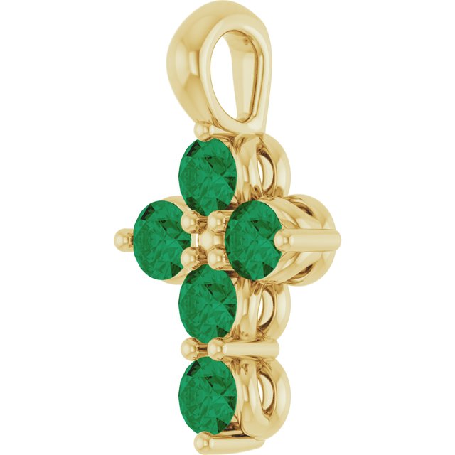 14K Yellow Gold Round 2 Mm 11.5 X 6.1 Mm Polished Natural Emerald Cross Pendant