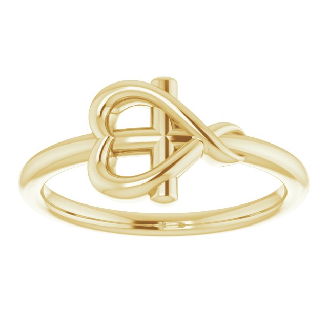 14K Yellow Gold Polished Cross With Heart Youth Ring, Size 3