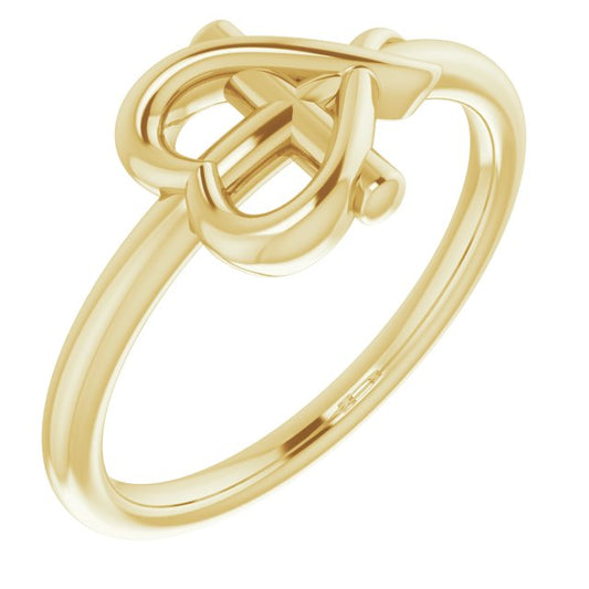 14K Yellow Gold Polished Cross With Heart Youth Ring, Size 3