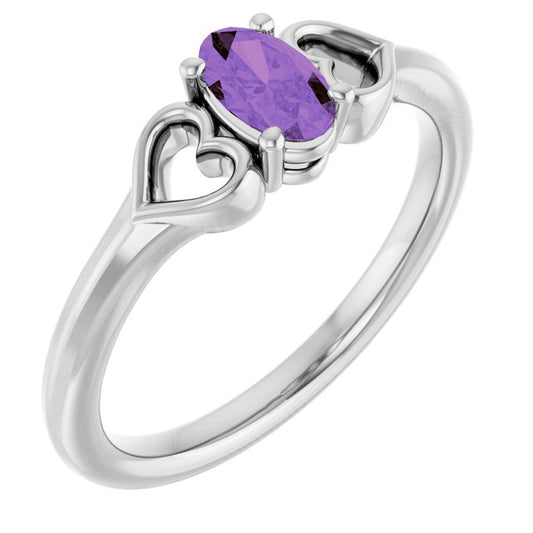 Sterling Silver Oval 5 X 3 Mm Polished Natural Amethyst Youth Heart Ring, Size 3