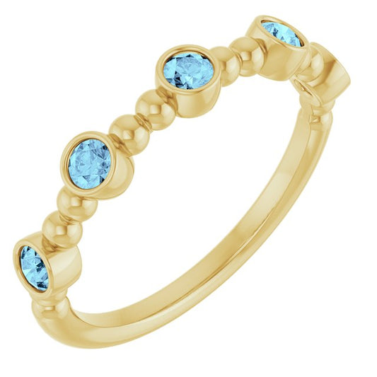 14K Yellow Gold Round 2.5 Mm Polished Natural Aquamarine Stackable Beaded Ring Size 7